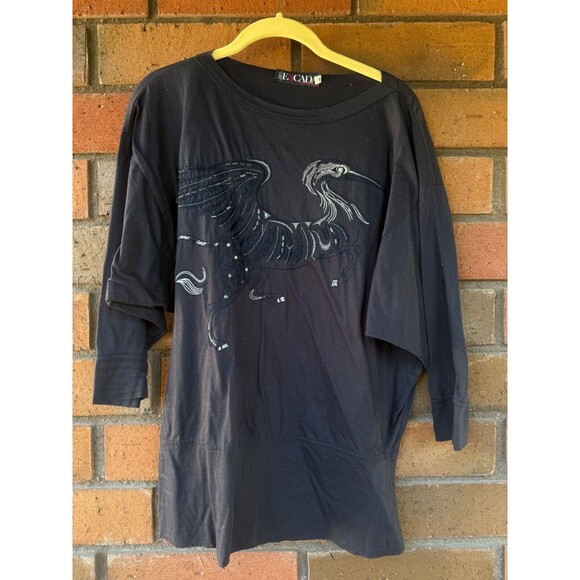 ESCADA Margaretha Ley Embroidered Bird Top Blouse |‎ Navy Blue | Womens Size 40 - Picture 1 of 16